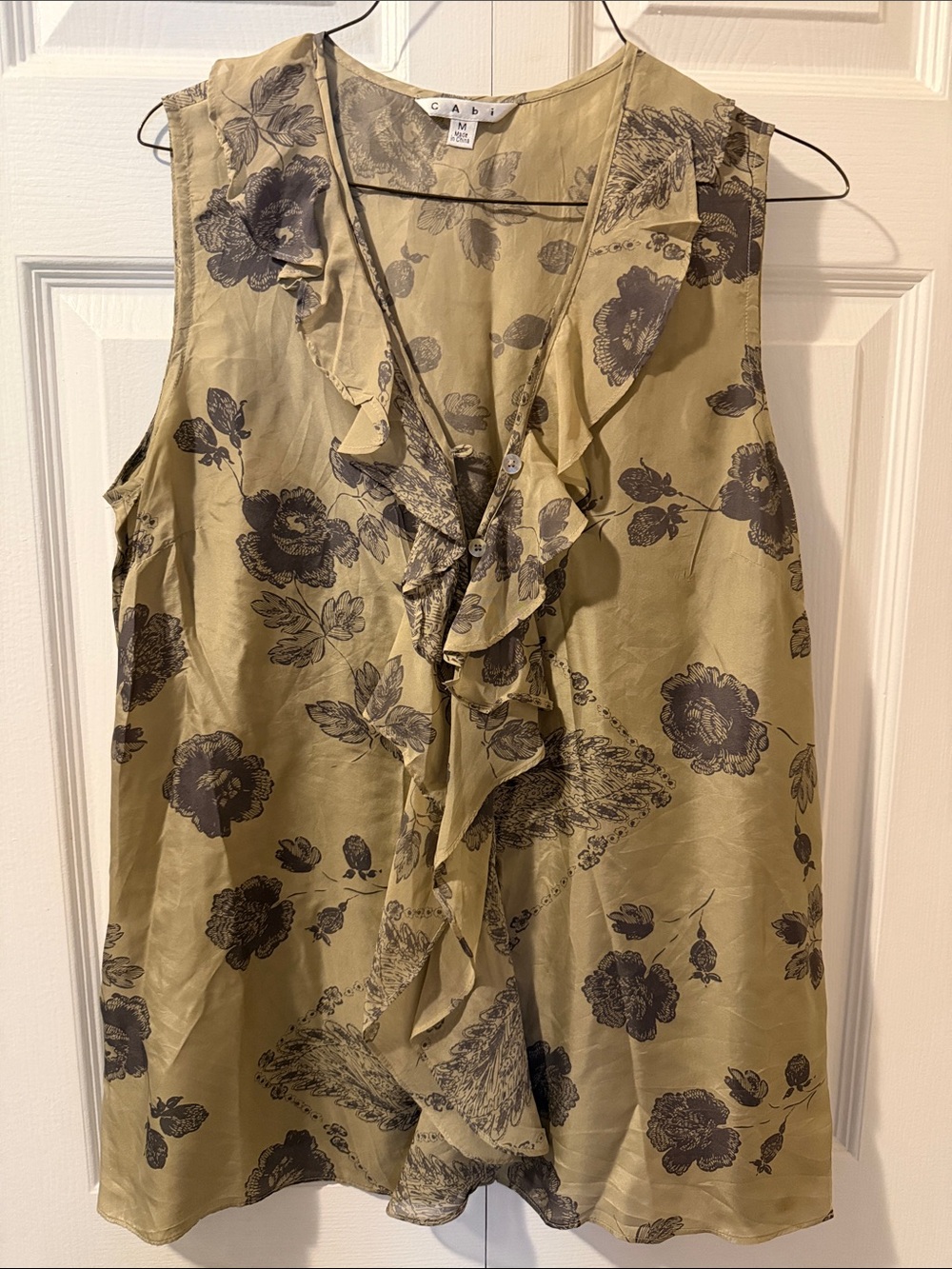 CAbi Silk Olive Green Floral Ruffle Sleeveless Button-Down Top, Size M